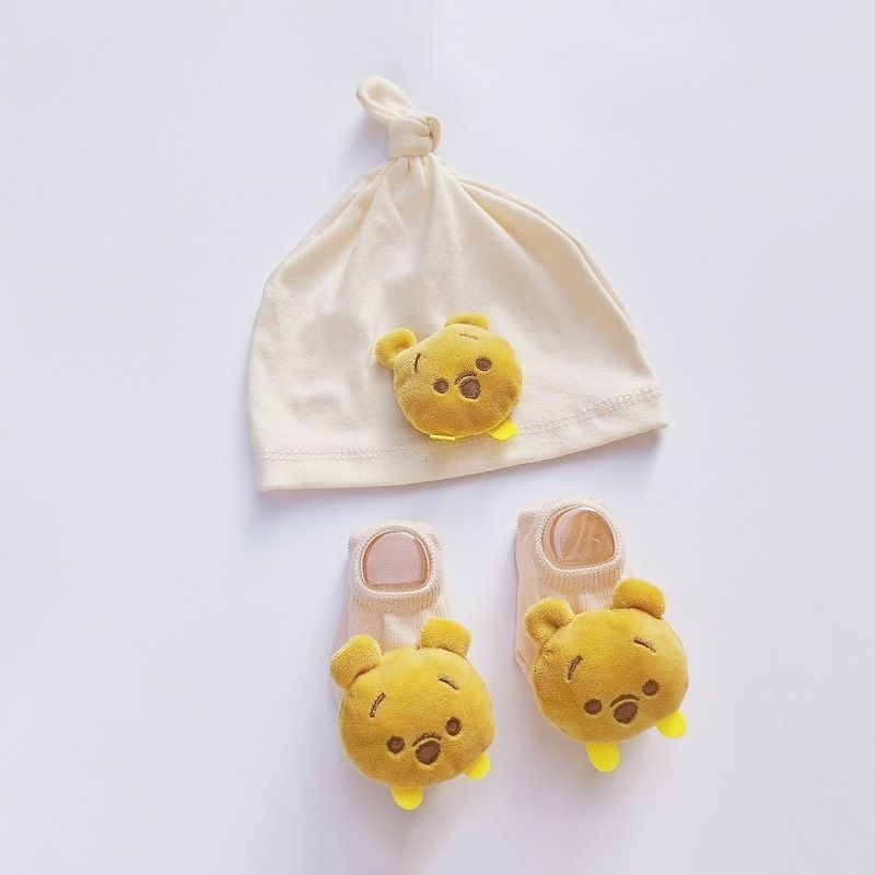 Sét mũ cotton củ tỏi kèm tất thú cho bé