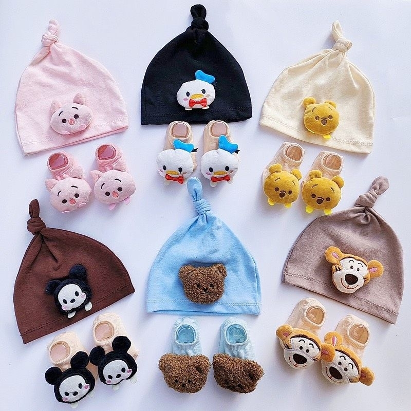 Sét mũ cotton củ tỏi kèm tất thú cho bé