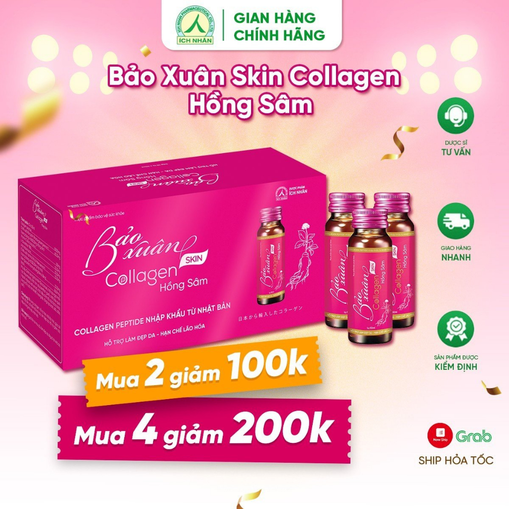 Nước Uống Bổ Sung Bảo Xuân Skin Collagen Hồng Sâm giúp hạn chế lão hóa, tăng đàn hồi cho da, làm sáng đẹp da 10 Lọ x50ml