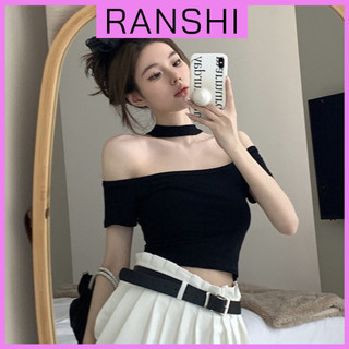 Áo Croptop Trễ Vai Tay Ngắn Phối Cổ Chorker RANSHI Xinh Xắn Cho Nữ Chất Thun Tăm Lạnh Xịn Thoáng Mát Dễ Phối Đồ - RA166