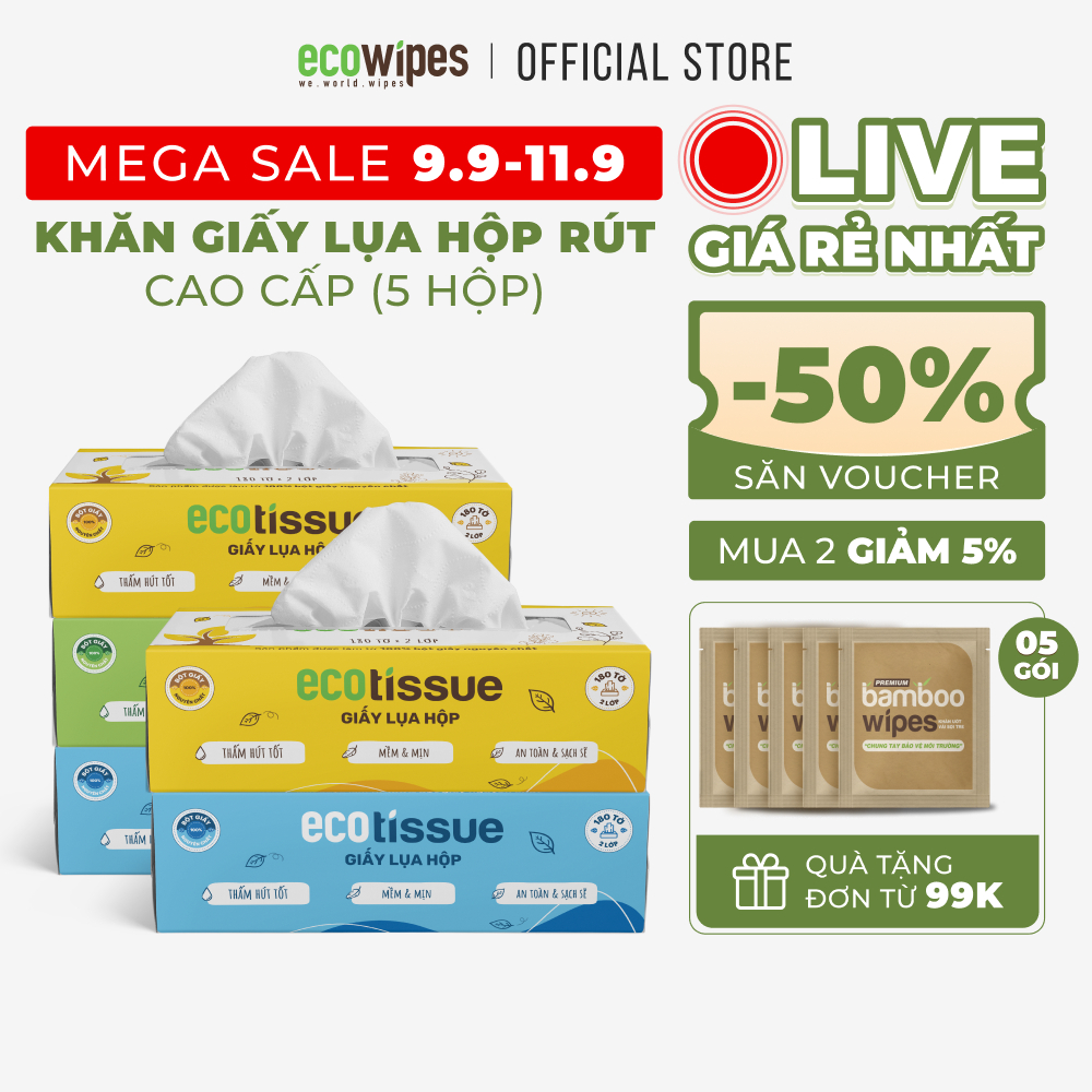 Combo 05 hộp khăn giấy rút khăn ăn cao cấp Ecotissue hộp 180 tờ tiết kiệm mềm mịn dai thấm hút tốt không bụi vụn
