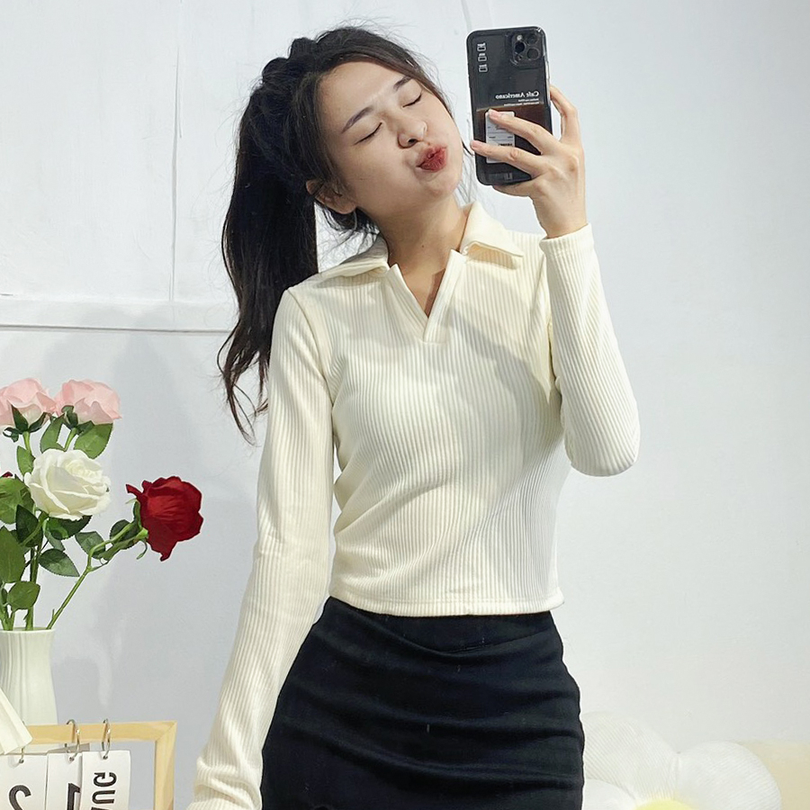 Áo thun nữ, áo croptop dài tay cổ polo basic chất liệu gân đũa dày dặn tôn dáng TIMO, CTR527 | BigBuy360 - bigbuy360.vn