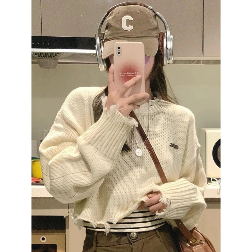 Áo len rách hàng dệt kin from rộng dáng croptop phong cách cá tính myra Aolencroptopdetkim201/P2K1