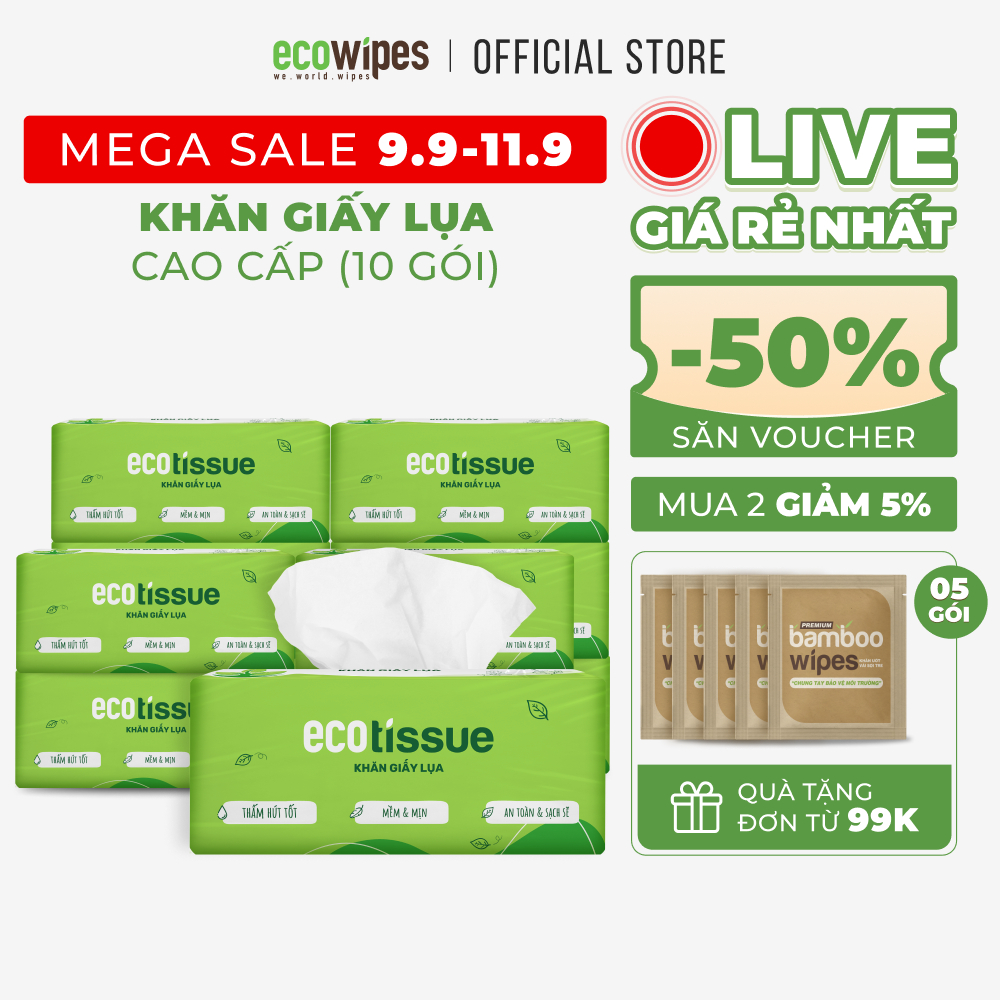Combo 10 gói khăn giấy lụa khăn giấy ăn rút Ecotissue gói 250 tờ thấm hút tốt mềm mịn an toàn sạch sẽ