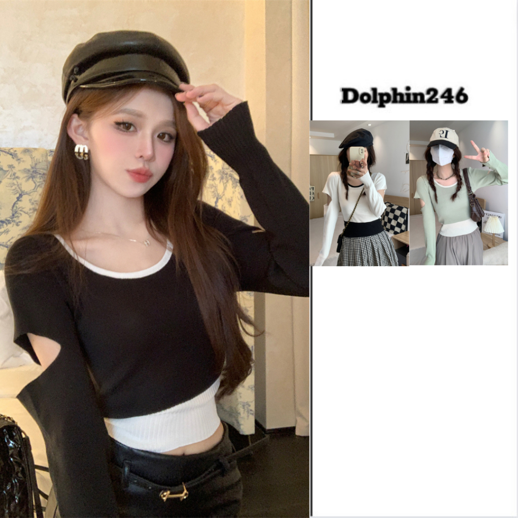 Áo len dệt kim dài tay cho nữ thiết kế độc đáp phong cách cá tính cổ tròn tay khoét 2 bên dáng ngắn croptop M19 C2-10