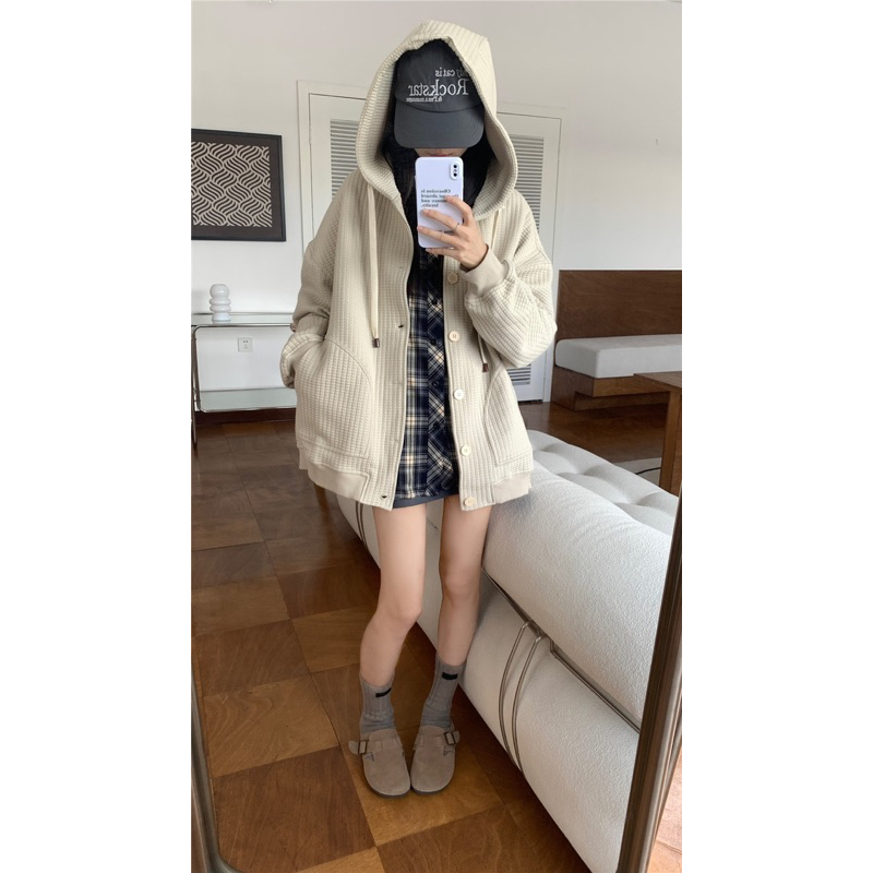 Áo Khoác Hoodie Nỉ Tổ Ong Tay Dài Có Mũ Phong Cách Hàn Quốc Vintage Thời Trang Thu Đông Cho Nữ Hot Ulzzang
