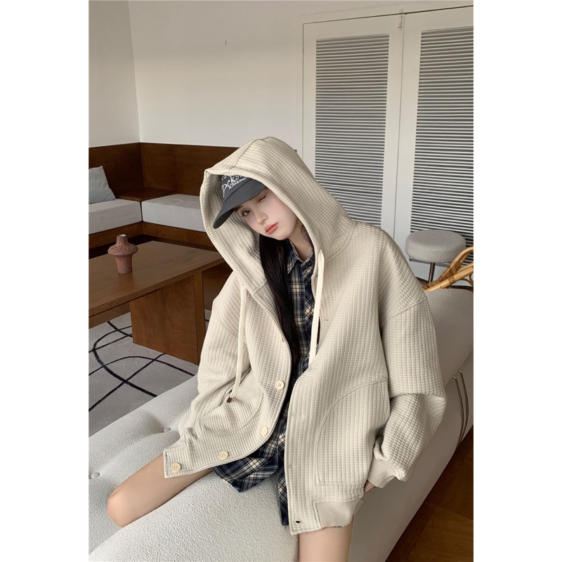 Áo Khoác Hoodie Nỉ Tổ Ong Tay Dài Có Mũ Phong Cách Hàn Quốc Vintage Thời Trang Thu Đông Cho Nữ Hot Ulzzang