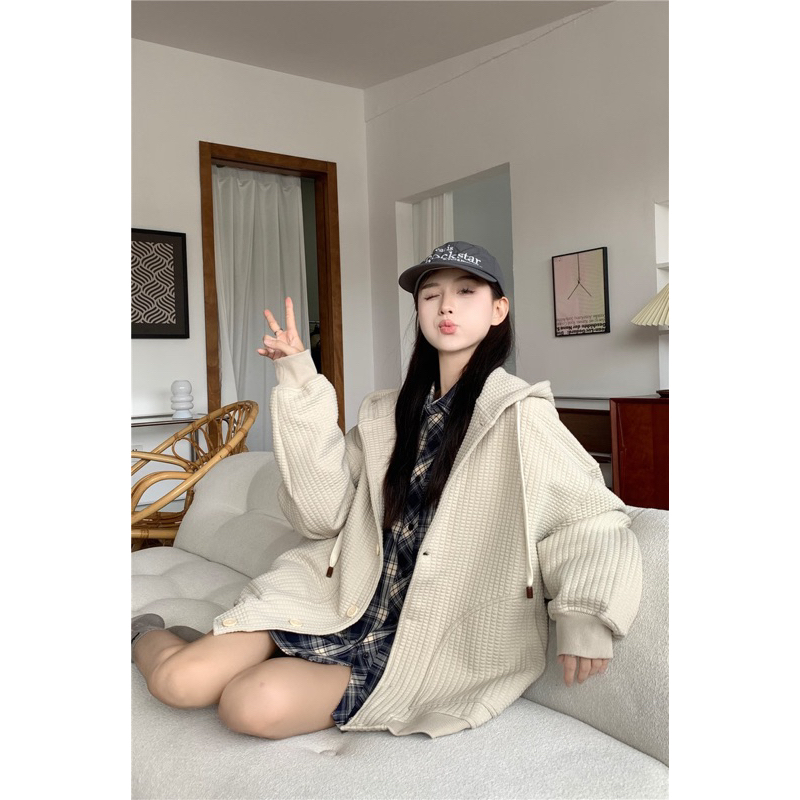 Áo Khoác Hoodie Nỉ Tổ Ong Tay Dài Có Mũ Phong Cách Hàn Quốc Vintage Thời Trang Thu Đông Cho Nữ Hot Ulzzang