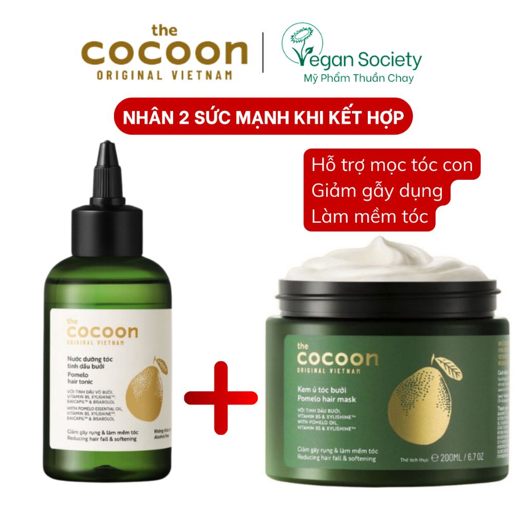 Bộ đôi nước dưỡng tóc tinh dầu bưởi cocoon 140ml + ủ tóc cocoon 200ml hỗ trợ mọc tóc con, giảm gẫy dụng, làm mềm tóc