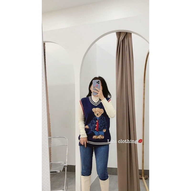 ÁO LEN GILE GẤU XANH THAN ĐÍNH CÚC