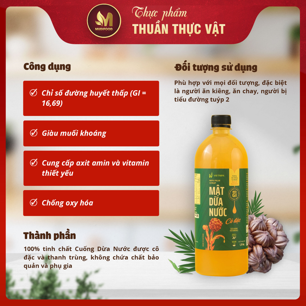 Mật Dừa Nước Vietnipa 1.35kg, Tốt Cho Sức Khỏe, Chỉ Số Đường Huyết Thấp Phù Hợp Với Người Tiểu Đường, Ăn Kiêng, Ăn Chaya