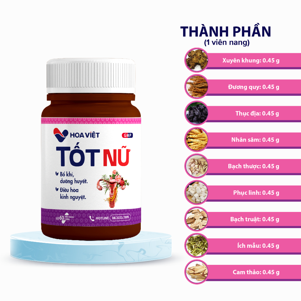 Viên uống bổ huyết điều hoà kinh nguyệt tăng cường nội tiết tố giảm đau bụng Tốt Nữ Hoa Việt hộp 60 viên