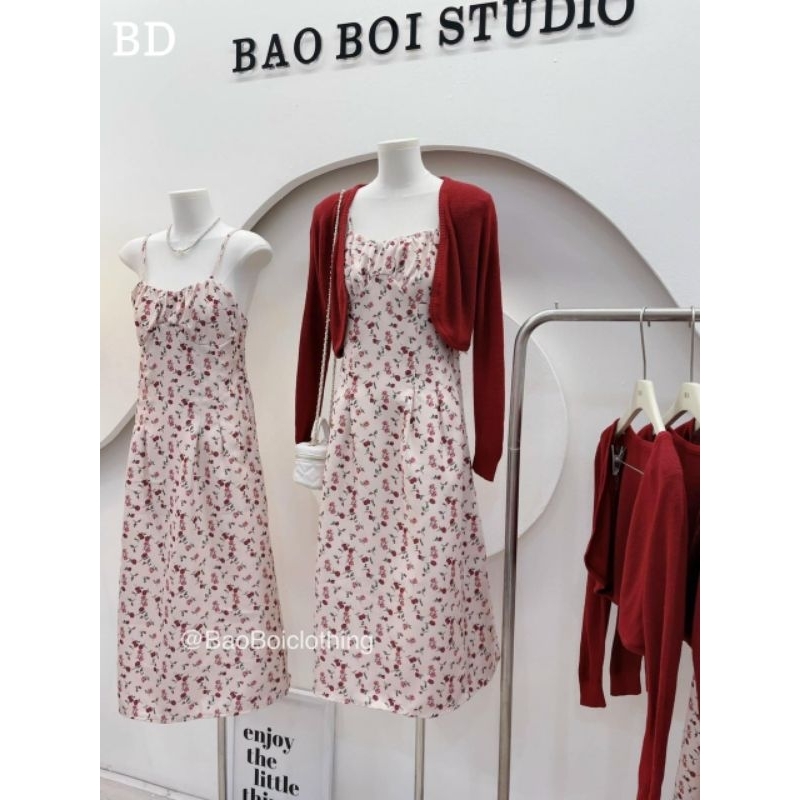 Sét váy 2 dây hoa +áo cadigan nhung hàng QC L1