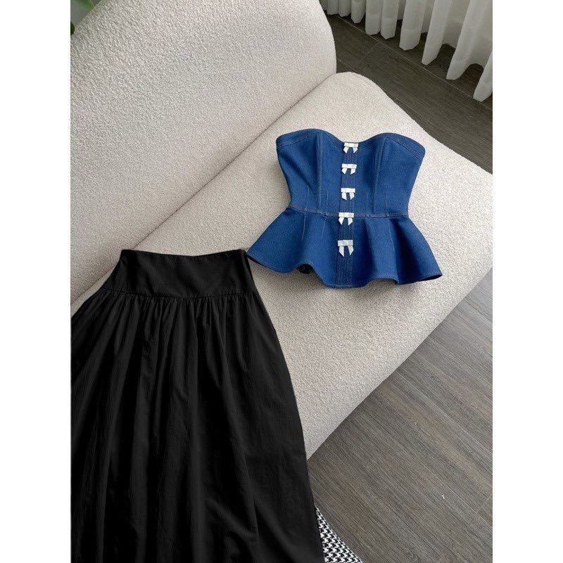 SET ÁO CÚP XANH + CHÂN VÁY MIDI