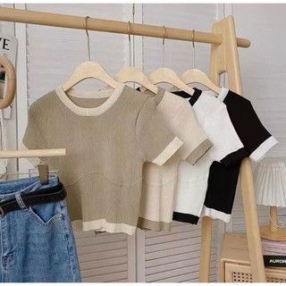 Áo thun ôm cổ tròn viền trắng đen, Gomboutique77 Áo Croptop Dệt Kim Tay Ngắn Cổ Tròn Màu Trơn Thời Trang Hàn Quốc