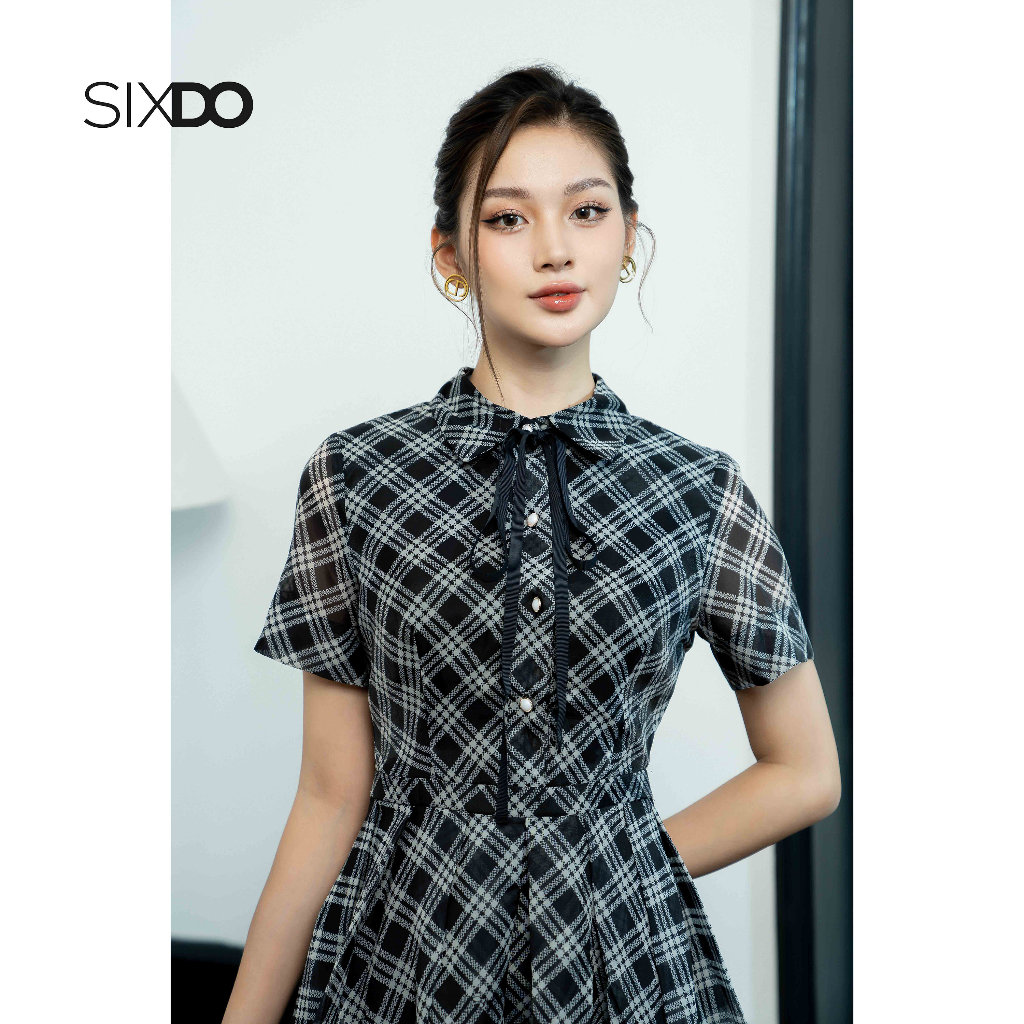 Đầm tơ kẻ SIXDO (Black Check Pleated Midi Dress)