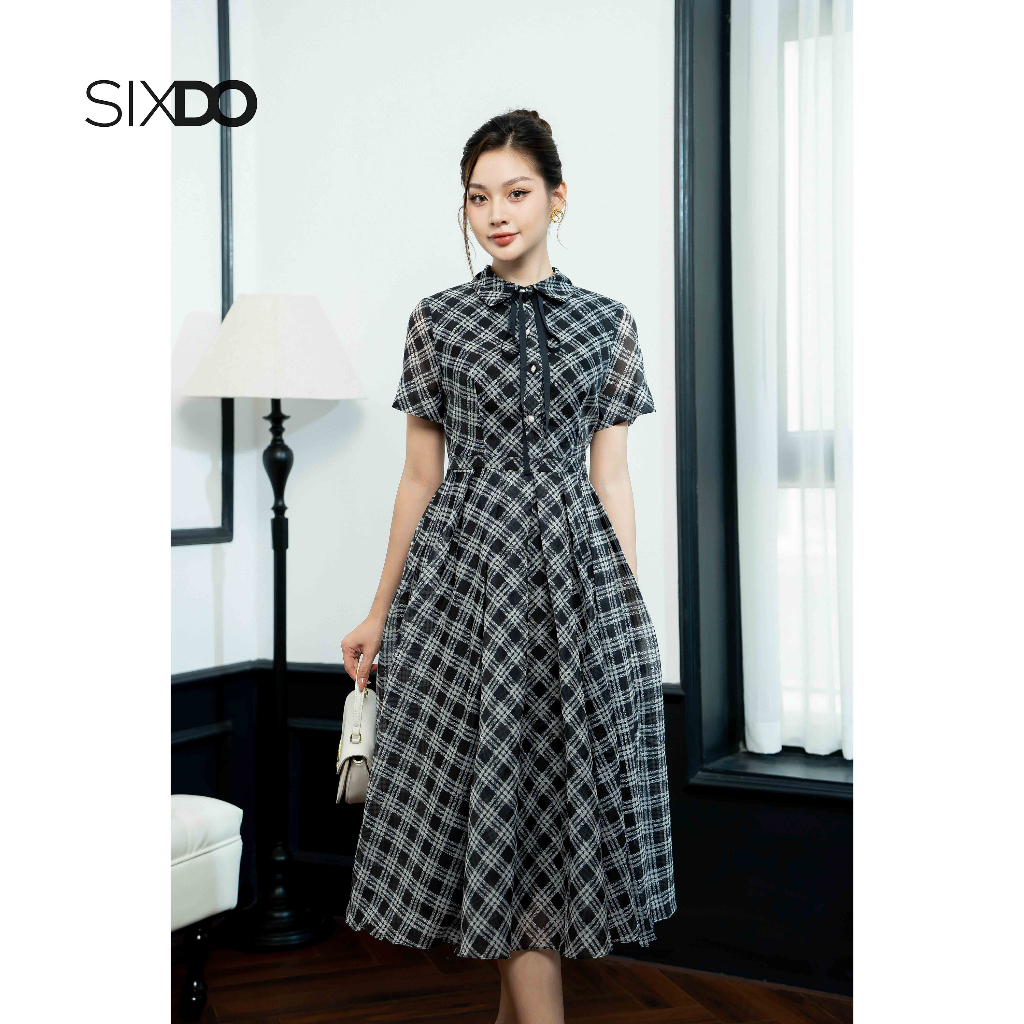 Đầm tơ kẻ SIXDO (Black Check Pleated Midi Dress)