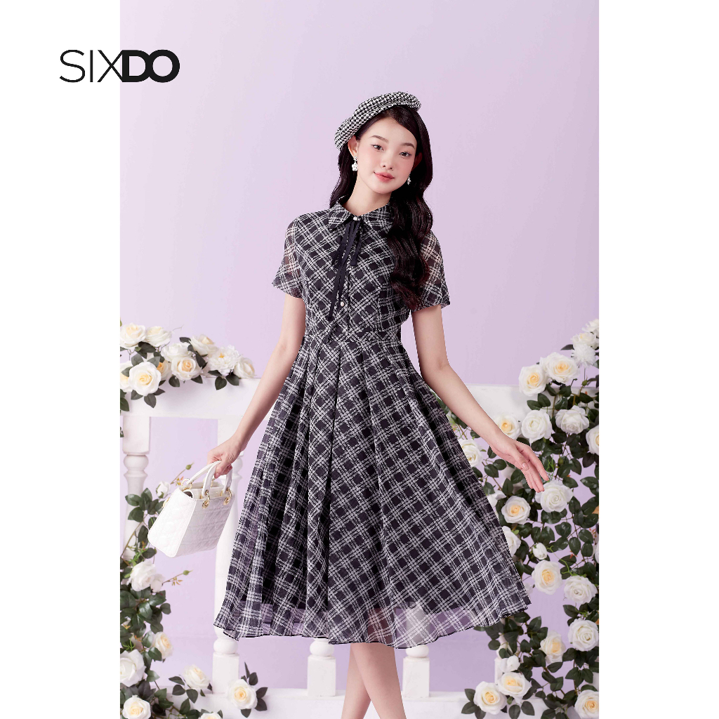 Đầm tơ kẻ SIXDO (Black Check Pleated Midi Dress)