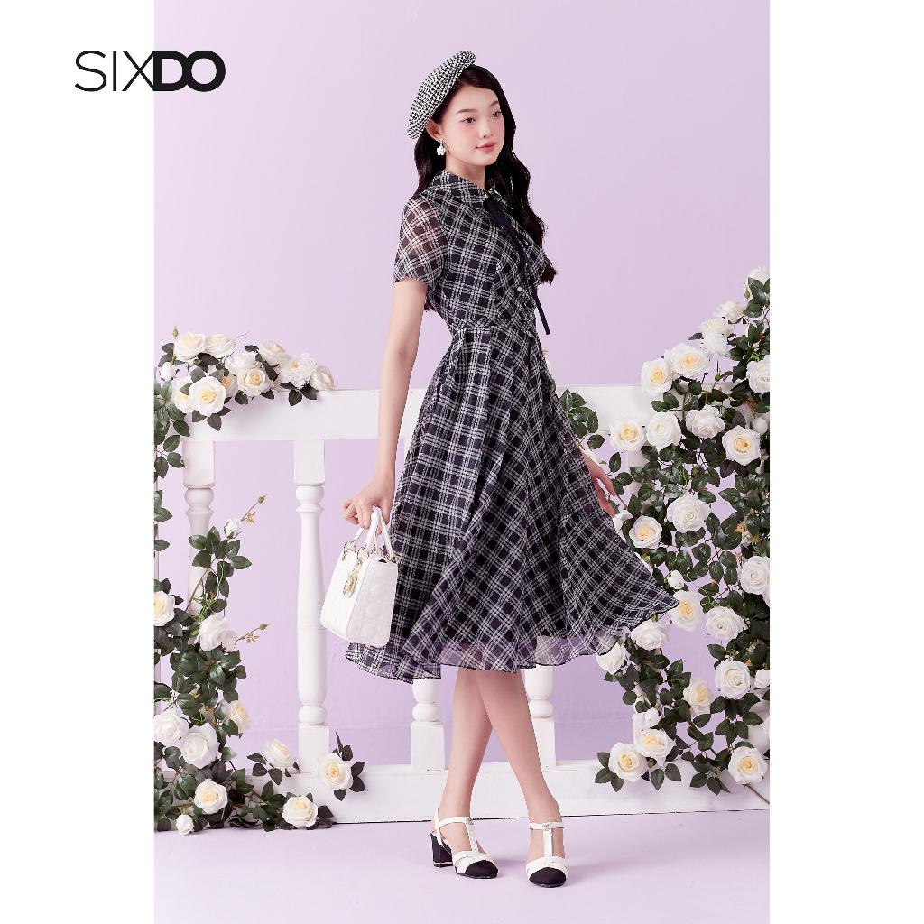 Đầm tơ kẻ SIXDO (Black Check Pleated Midi Dress)