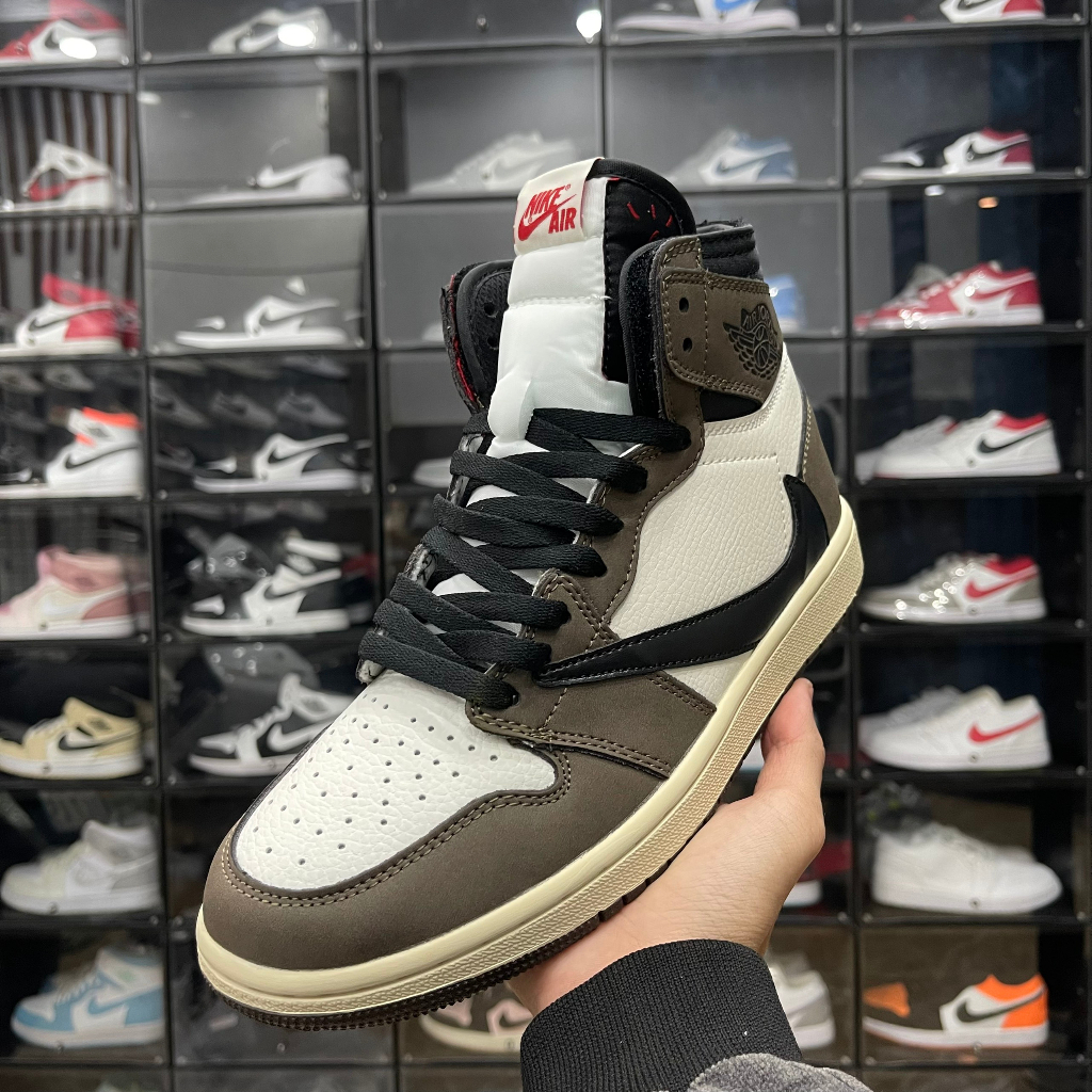 Giày Sneaker Air Jor.dan 1 High Trav.is Scott - Phiên bản Xịn Màu jd Mocha Xanh Rêu Da Bò
