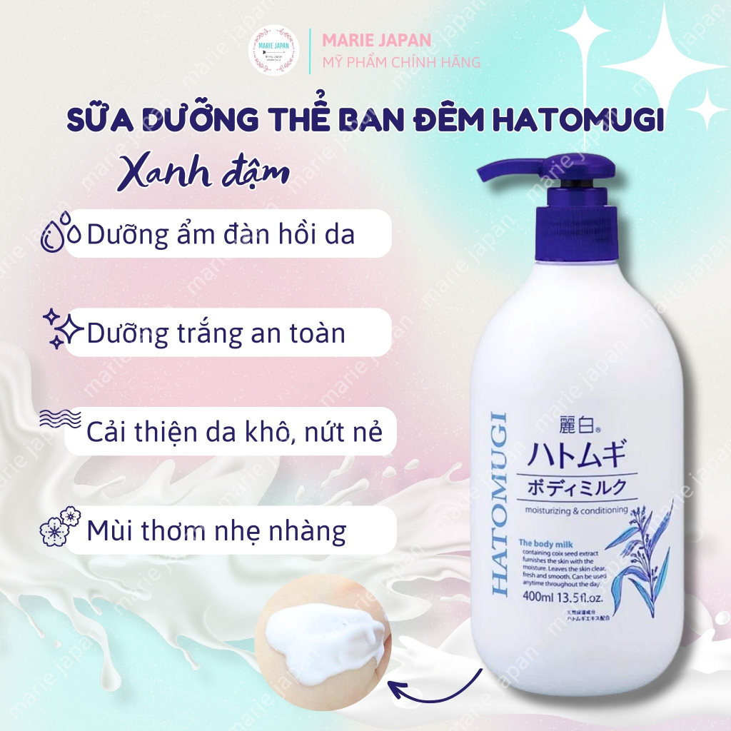 Dưỡng thể trắng da Hatomugi ban đêm 400ml The Body Milk Nhật Bản