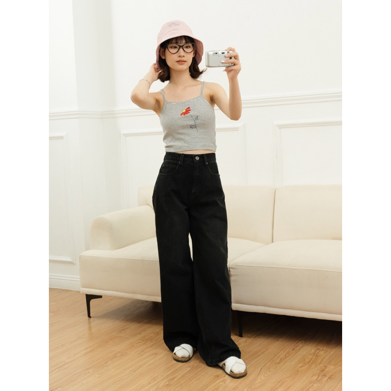 Quần culottes jean ống rộng floral embroidered MADELEN