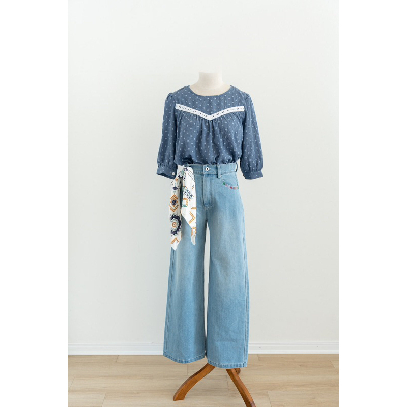 Quần culottes jean ống rộng floral embroidered MADELEN