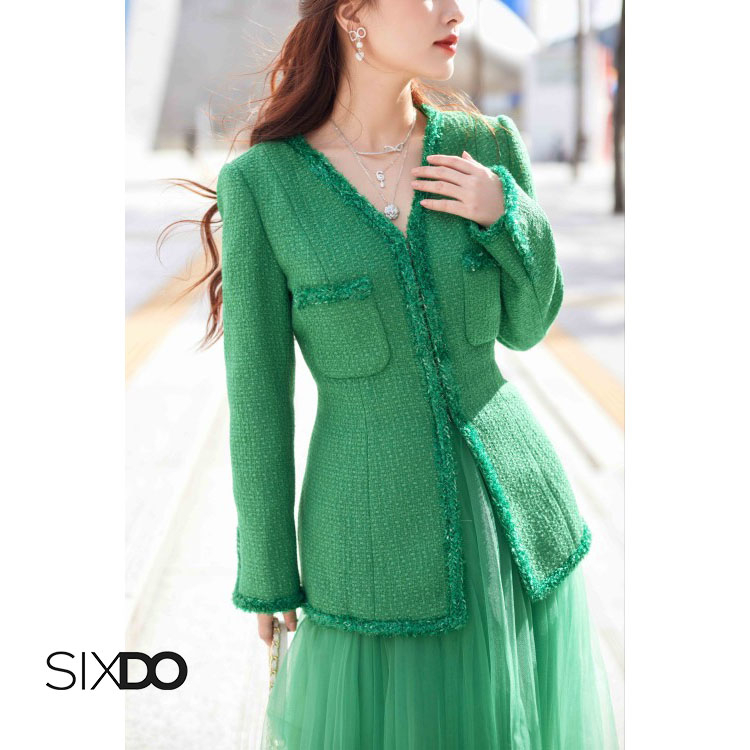 Áo vest tweed SIXDO (Green V Sharp Tweed Vest)