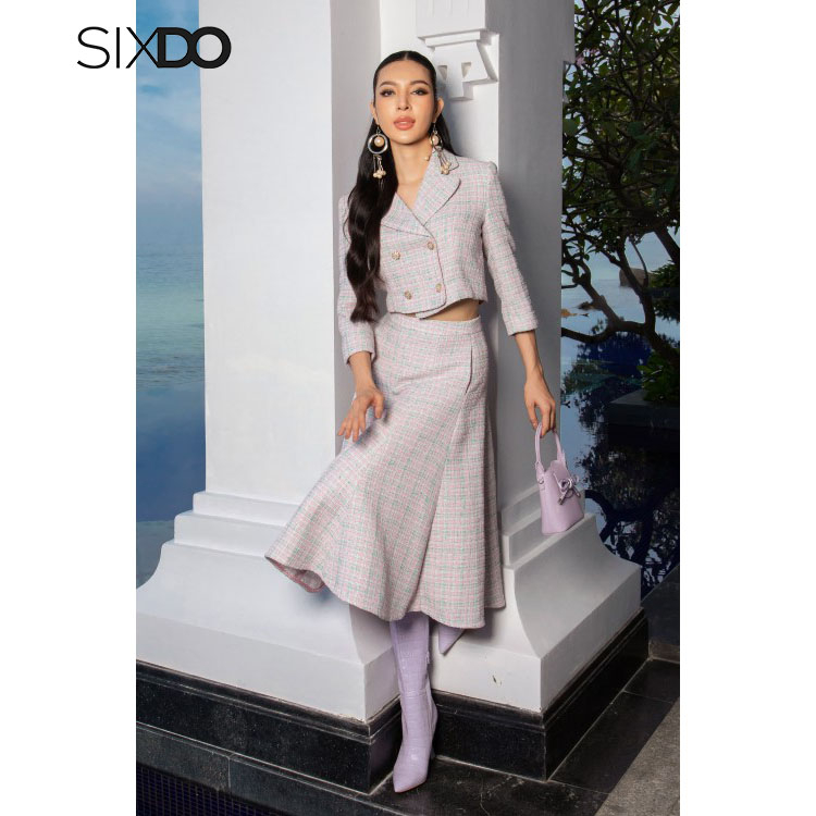 Chân váy tweed SIXDO (Light Pink Gored Midi Tweed Skirt)