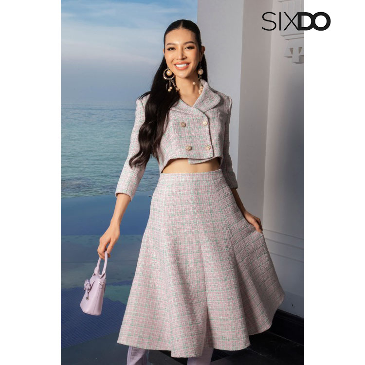 Chân váy tweed SIXDO (Light Pink Gored Midi Tweed Skirt)