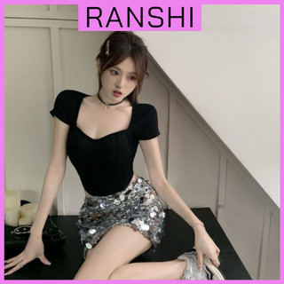 Áo croptop tay ngắn ranshi cổ tim kèm sẵn đệm mút hở lưng siêu xinh thất thun lạnh co giãn thoải mái - ra170