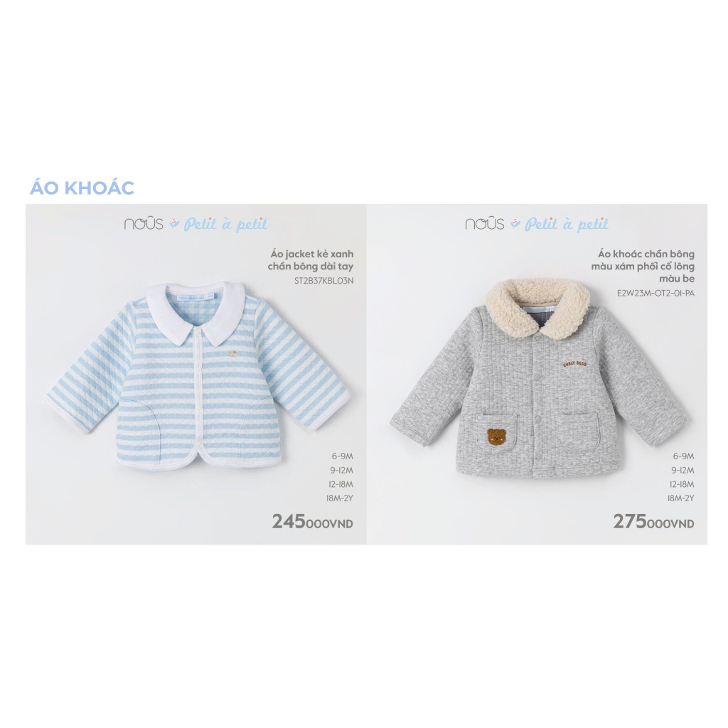 Áo khoác jacket Nous trần bông hai màu sắc dành cho bé trai bé gái từ 6-9 tháng đến 18-24 tháng