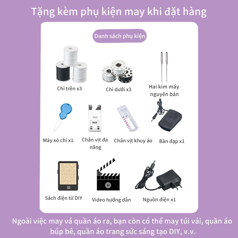 Máy May Mini Gia Đình Máy may hỗ trợ may vá quần áo tiện lợi đèn LED chất liệu cao cấp-Bảo Hành 12 Tháng