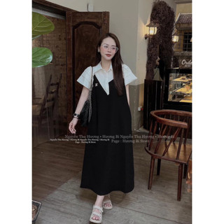 Váy sơ mi trắng cộc tay phối thân màu đen phom rộng bầu bí bon chen được