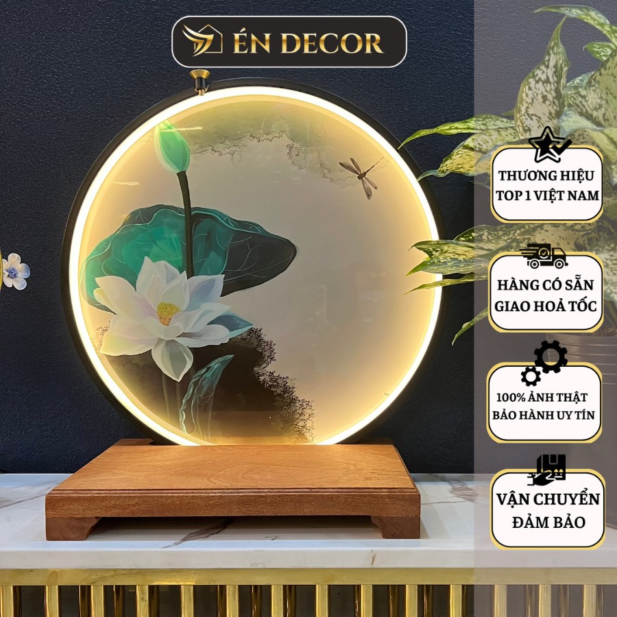Kệ đèn led đặt tượng mặt tranh nhiều mẫu ÉN DECOR kệ gỗ hào quang hình tròn chân cắm USB trang trí nhà cửa, phong thuỷ