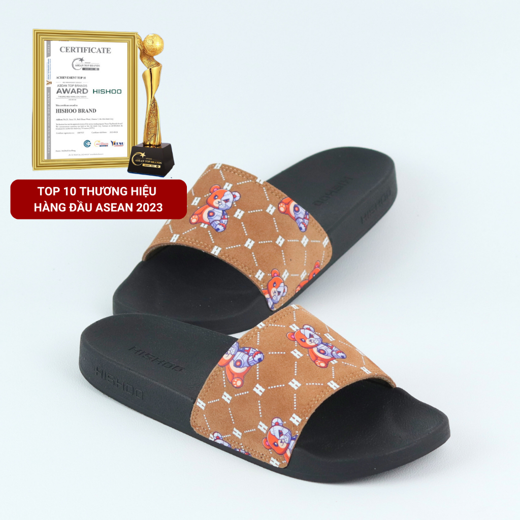 Dép quai ngang slipper cho bé trẻ em BIG SIZE Bò Gấu Bặm Trợn Monogram cao cấp nam, nữ HISHOO siêu nhẹ da bò 36-45 U113