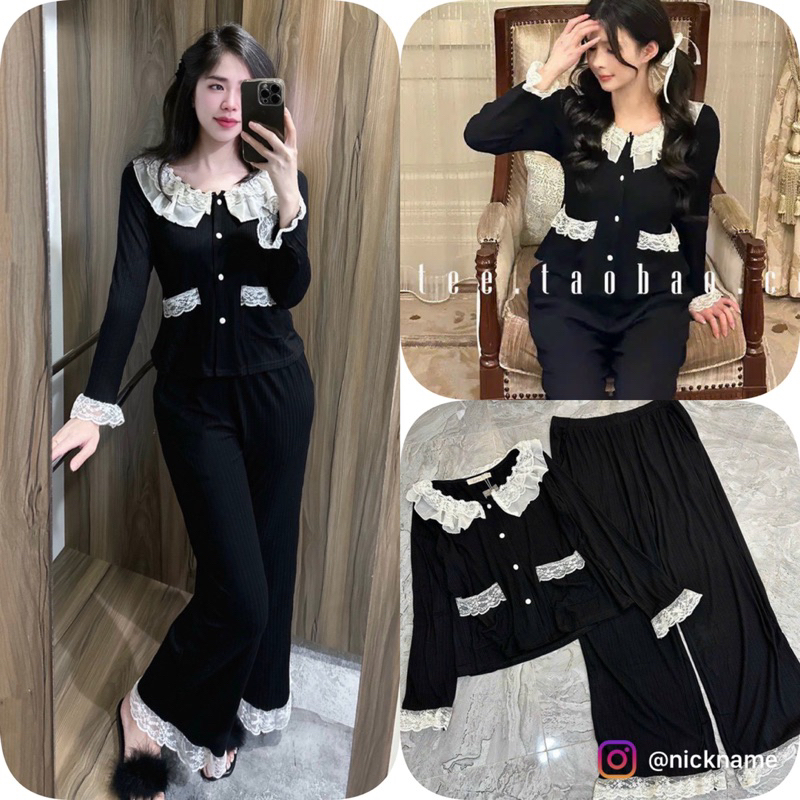 Bộ Thun Tăm Cao Cấp Mặc Nhà Pijama Nữ Tay Dài Quần Dài Màu Đen Chất Lụa Cao Cấp Mát Mềm Mịn LovelyPhan Pijama