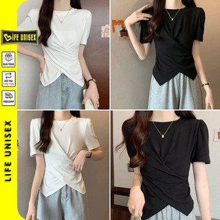Áo Thun Nữ TAY NGẮN VẠT NHỌN VẮT CHÉO, Áo Thun Chất Thun Gân Co Dãn Ôm Body