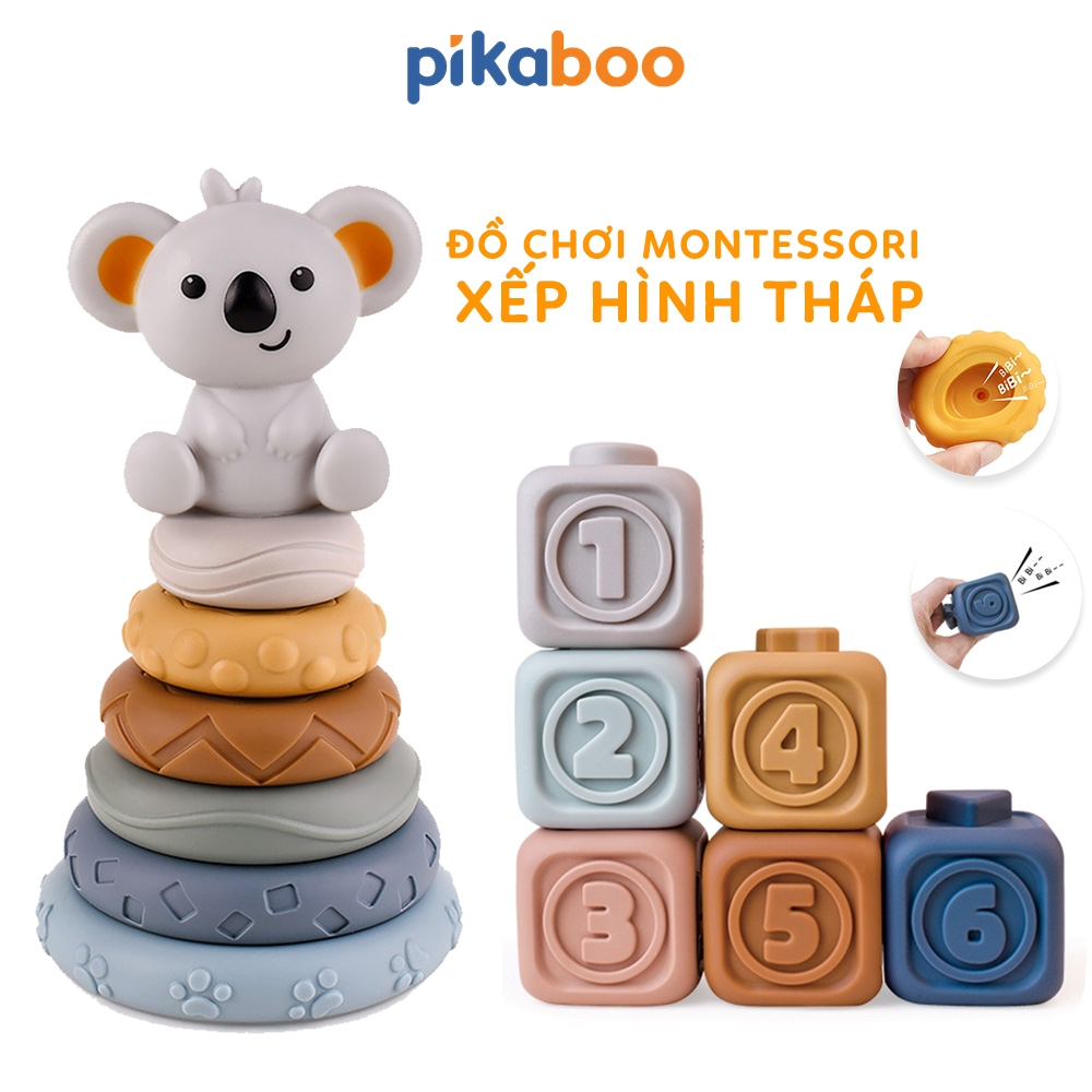 Đồ chơi montessori tháp gấu xếp chồng vòng tròn và xếp hình khối cao cấp Pikaboo phát triển đa giác quan