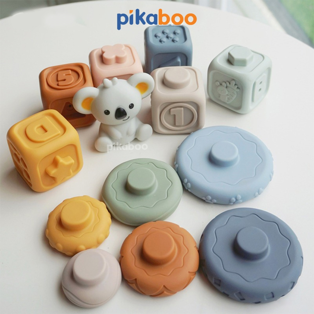 Đồ chơi montessori tháp gấu xếp chồng vòng tròn và xếp hình khối cao cấp Pikaboo phát triển đa giác quan