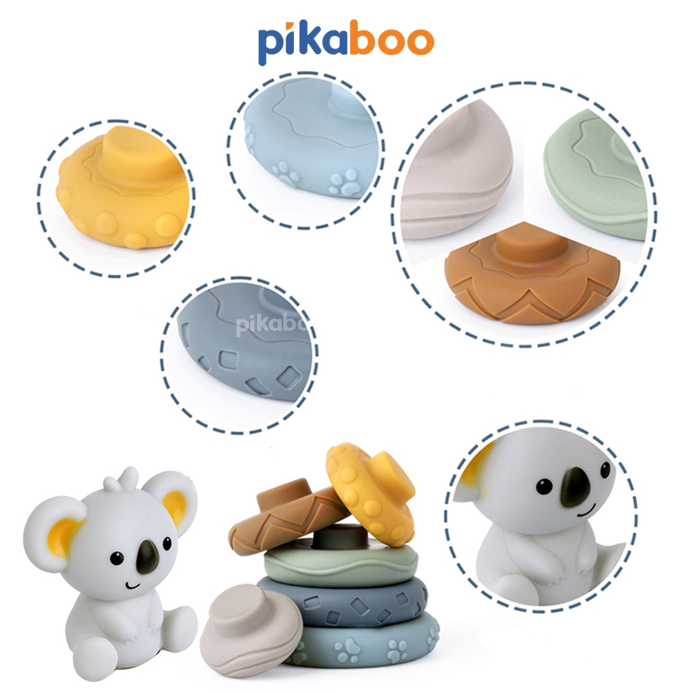 Đồ chơi montessori tháp gấu xếp chồng vòng tròn và xếp hình khối cao cấp Pikaboo phát triển đa giác quan