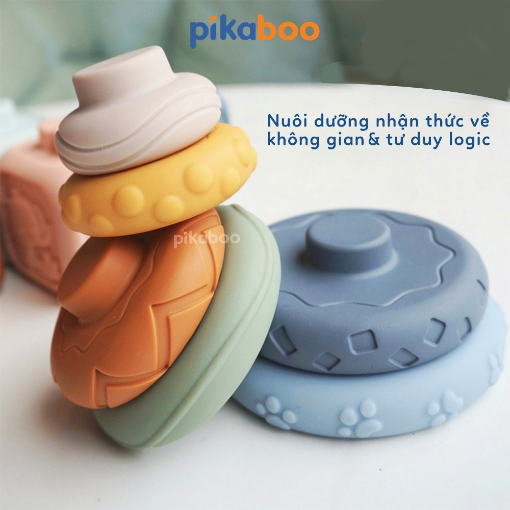 Đồ chơi montessori tháp gấu xếp chồng vòng tròn và xếp hình khối cao cấp Pikaboo phát triển đa giác quan