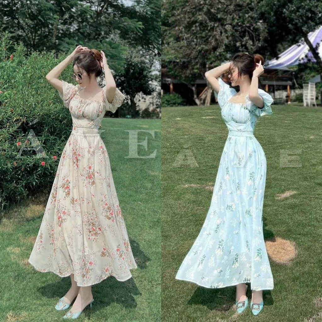 Đầm voan hoa phối ren tay phồng xếp ly ngực 2 màu tôn dáng phong cách trẻ trung, cá tính [868]