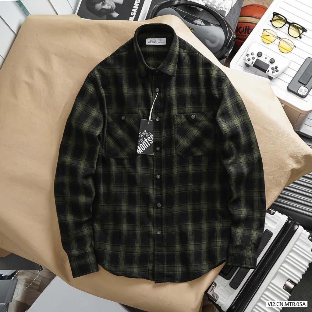 Áo Sơ Mi Nam Flannel Monstera Dài Tay kẻ Caro SM61 , Form Slim, vải flannel, dày dặn, Hàng VNXK