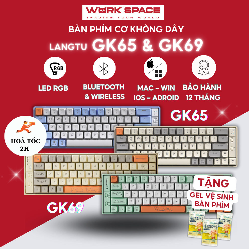 Bàn phím cơ LangTu Gk65 GK69, golden switch, hotswap.  layout 65-69 phím, đèn led rgb, pin 7 ngày, bảo hành 12 tháng