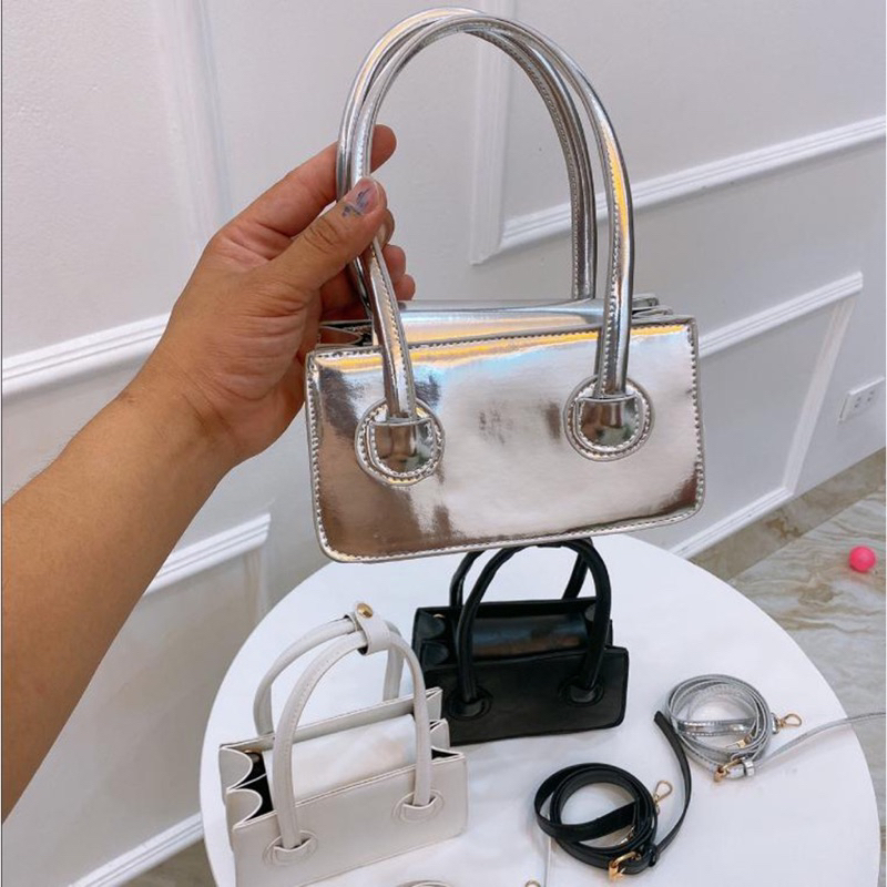 Túi đeo chéo hình vuông 2 quai xách màu hồng trắng bạc mẫu mới thiết kế đơn cho nữ