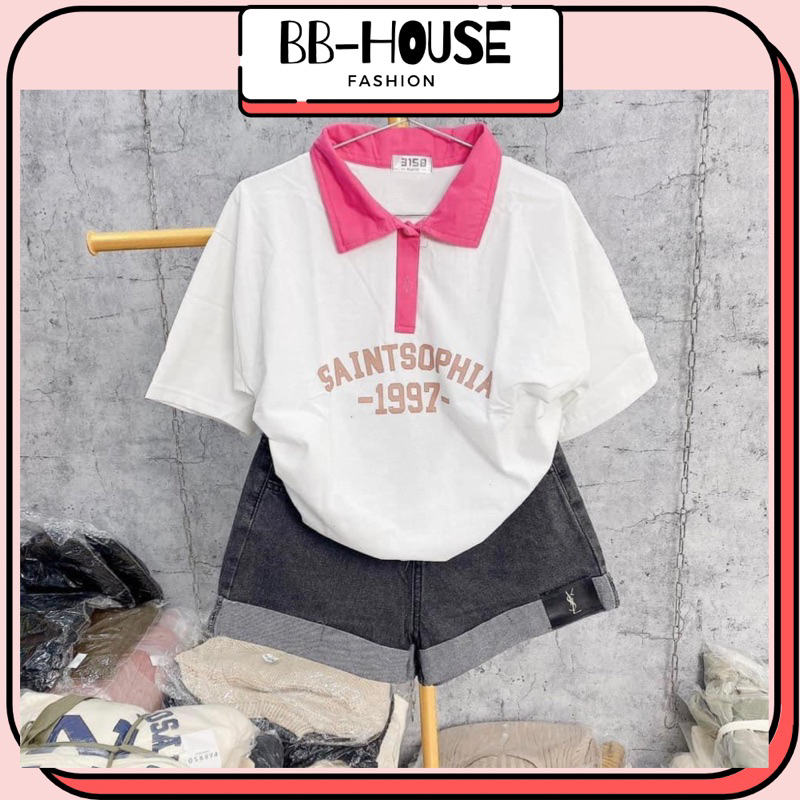 Áo Polo rộng tay ngắn phối cổ chất cotton thô
