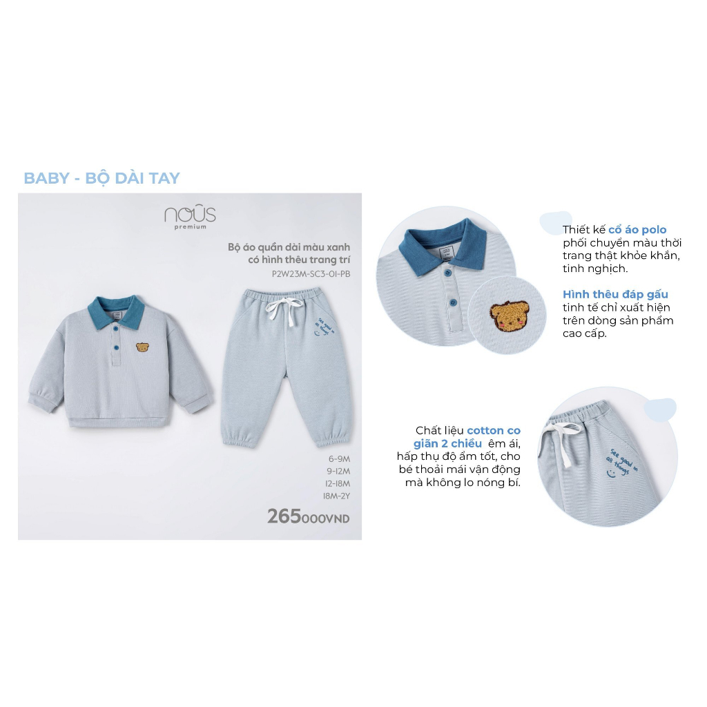 Bộ quần áo dài Nous màu xanh có họa tiết trang trí cho bé từ 6-9 tháng đến 18-24 tháng chất liệu kháng khuẩn