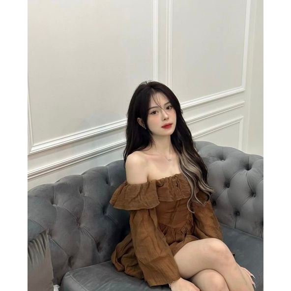 SET Áo voan nâu trễ vai tay loe kèm Quần short đen NÀNG CLOSET