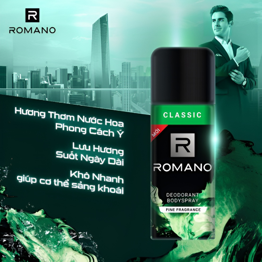Xịt Khử Mùi Nam, Lăn Nách Khử Mùi Romano, Xịt Thơm Body Toàn Thân Ngăn Mồ Hôi Mùi Cơ Thể Kháng Khuẩn Khô Thoáng Cả Ngày